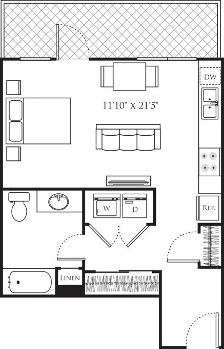 Floor plan for studio, 1 bath, 548 sqft